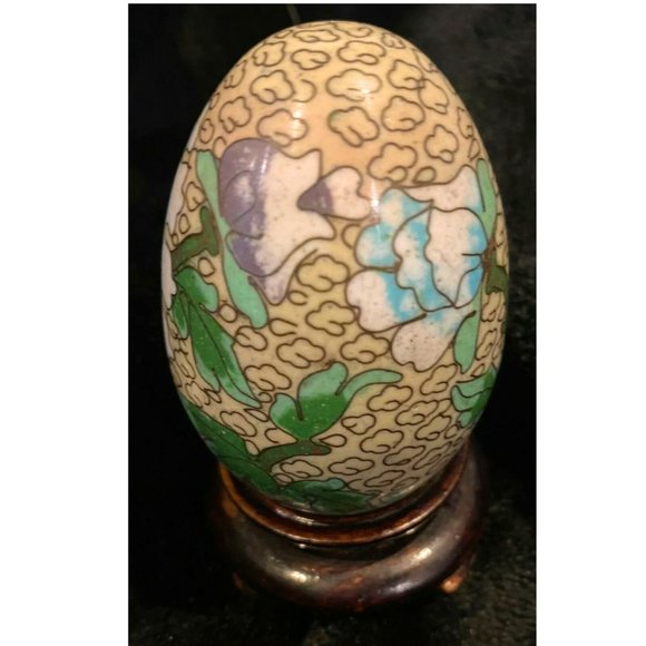 Antique Cloisonne Egg: Vintage with smooth surface &  wooden base 1700s-1800s - Picture 2 of 7